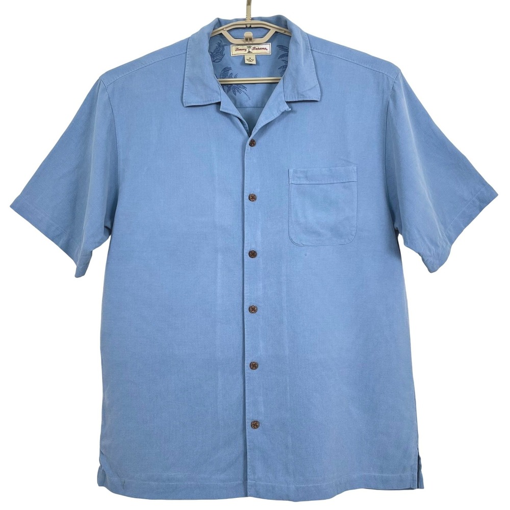 Tommy Bahama Mens 100% Silk Camp Shirt M Blue Button Down Short Sleeve Tropical